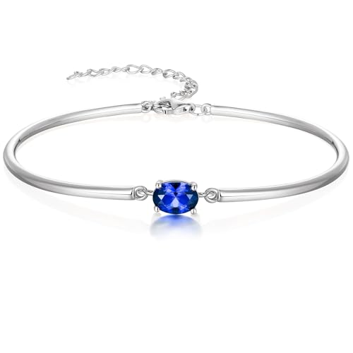 Moissanite/Sapphire/Ruby/Emerald Cuff Bracelet 1 Carat Oval Cut Center Stone Inlaid 925 Sterling Silver 14K Gold Plated Adjustable Birthstone Bangle for Women fit Wrist 5-7.5 Inch - color: Sapphire Silver