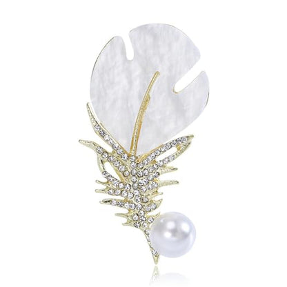 Rhinestone Feather Leaf Brooch Pin for Men Women Gold Silver Plated Elegant Delicate Leaves Hat Bag Suit Tie Crystal Pearl Lapel Brooches for Mother's Day Birthday Wedding Fashion Jewelry Gifts - color: Gold