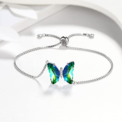 Aurora Tears Butterfly Necklace Earrings Ring Bracelet - Women 925 Sterling Silver Animal Butterflies Birthstone Pendant Crystal Wedding Birthday Jewelry - color: bracelet-May-Emerald