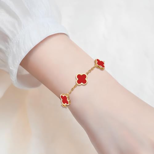 18K Gold Plated Lucky Clover Jewelry Set, Birthday Gifts for Women | Stainless Steel Hypoallergenic,Black White Red Four Leaf Clover Bracelet Necklace Earrings set, Daily Wear, Gifts for Women - color: Clover Set-Red