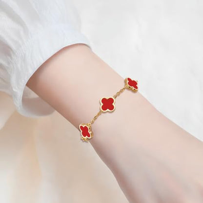 18K Gold Plated Lucky Clover Jewelry Set, Birthday Gifts for Women | Stainless Steel Hypoallergenic,Black White Red Four Leaf Clover Bracelet Necklace Earrings set, Daily Wear, Gifts for Women - color: Clover Set-Red