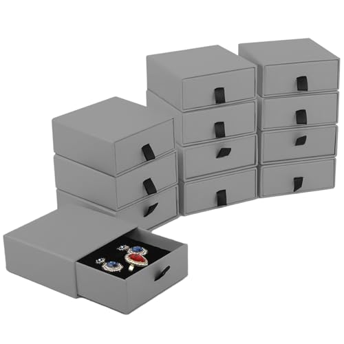 Nsmykhg Jewelry Gift Box Velvet-Lined,12 Pack Compact Drawer Style for Earrings & Rings, Necklace & Bracelet Organizer, 3.93x3.93x1.65 Inches, Stackable Elegant Jewelry Display & Storage Box (Grey) - color: Grey