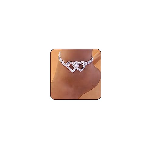 Sora Tuki Ankle Bracelets for Women Tennis Rhinestone Anklets for Women Butterfly Heart Star Cross Anklet Bracelet for Women Plus Size Anklet Bracelets for Big Ankle Beach Foot Jewelry - style: 2 - double heart