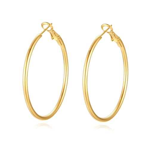 4 Pairs Silver Gold Hoop Earrings for Women | 14K Gold Plated Hoop Earrings Set Hypoallergenic Earring Lightweight Dangle Earrings Set - color: 1 Pair Gold-40mm