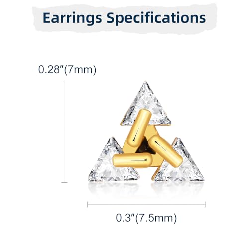 Unisex Geometric Triangle Stud Earrings, Stainless Steel Minimalist Cubic Zirconia Pierced Post Earrings for Men Women - style: Three Zircons-Gold