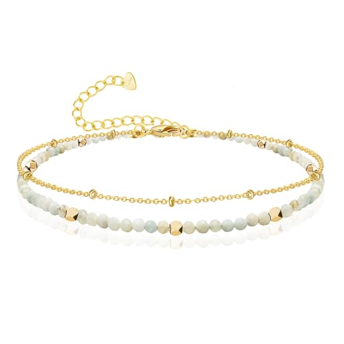 Gold Ankle Bracelet for Women Waterproof, Dainty Natural Stone Bead Anklet Adjustable Double Ankle Chain Summer Beach Boho Foot Jewelry Anniversary Birthday Gifts - color: Amazonite