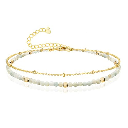 Gold Ankle Bracelet for Women Waterproof, Dainty Natural Stone Bead Anklet Adjustable Double Ankle Chain Summer Beach Boho Foot Jewelry Anniversary Birthday Gifts - color: Amazonite
