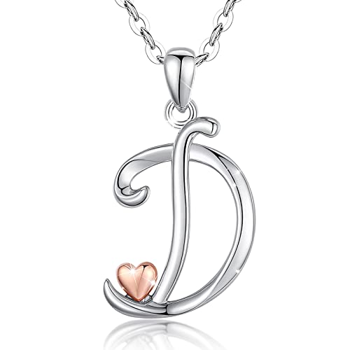 CELESTIA 925 Sterling Silver Initial Necklaces 26 Letter with Rose Gold Heart - 18 Inch Chain - color: D-Initial