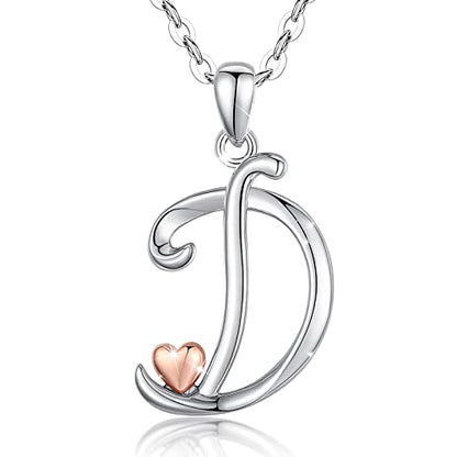 CELESTIA 925 Sterling Silver Initial Necklaces 26 Letter with Rose Gold Heart - 18 Inch Chain - color: D-Initial