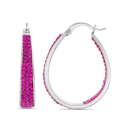 Devin Rose Oval Inside Outside Hoop Earrings for Women Faceted Sparkle Crystals - color: Pink