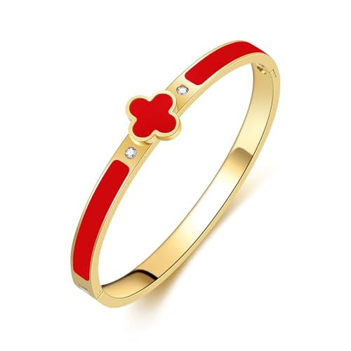 Clover Bracelets for Women Gold and Silver Chunky Oval Clover Bangle | 18k Gold Plated Stainless Steel,Precision Polished Non Tarnish,Black/White/Red/Pink/Orange Clover Bracelet Gifts for Women - color: Red