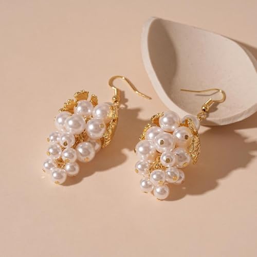 Baroque Faux Pearl Cluster Dangle Earrings for Women,Chunky Pearls Grape Dainty Gold Leaf Drop Statement Earrings Trendy Jewelry Gifts