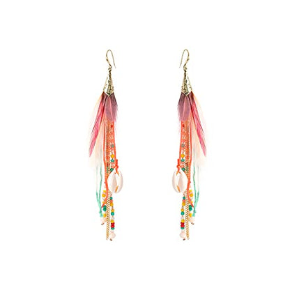 Bohemian Feather Dangle Earrings for Women with Shell Beads Long Tassel Design Drop Earrings - style: Style-Colorful
