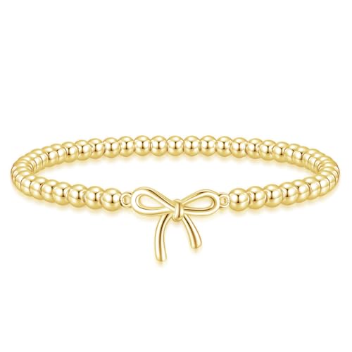 Beaded Bracelets for Women 14K Silver Gold Plated Stretch Handmade Ball Bracelets Cute Charm Bracelet Dainty Stackable Cross Heart Bow Wave CZ Circle Trendy Jewelry Easter Gifts - color: bow