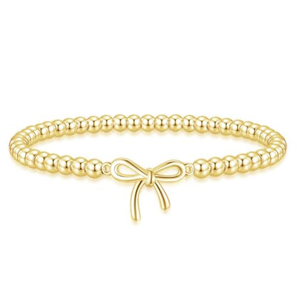 Beaded Bracelets for Women 14K Silver Gold Plated Stretch Handmade Ball Bracelets Cute Charm Bracelet Dainty Stackable Cross Heart Bow Wave CZ Circle Trendy Jewelry Easter Gifts - color: bow