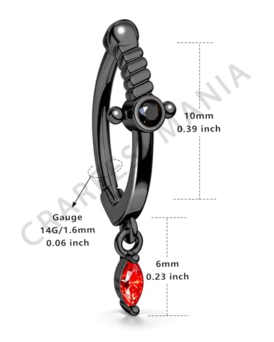 Belly Button Clicker Rings, 316L Surgical Steel Belly Button Piercing Jewelry, 14G Dagger Reversed Belly Ring for Women, Sword Navel Rings - color: Black