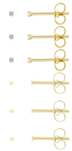 6Pairs 2mm/3mm Surgical Steel Hypoallergenic Piercing Studs, 20G 14K Real Gold Filled Tiny Stud Earrings Set for Multiple Hole Piercing (Cubic Zirconia, Pearl, Ball) - style: P : 2MM, Gold, Dot&CZ, 6 Pairs