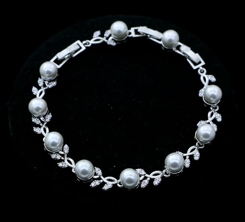 Jewelry Set for Women Bride Bridesmaid Wedding Party Prom Necklace Earrings Bracelet Set Gift for Mother Wife Friend - color: Pearl-White