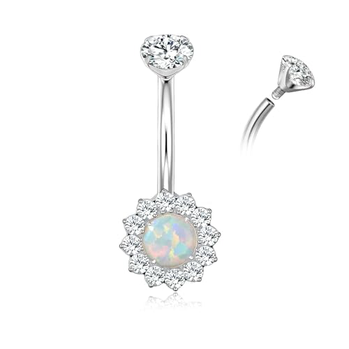G23 Titanium Belly Button Ring 14G Golden Silvery Belly Ring for Women, Halo Internally Threaded Flower Opal Piercing Jewelry 8/10/12/14mm Barbell with Cubic Zirconia - color: 1PCS-Silver (8MM)-opal inlay CZ