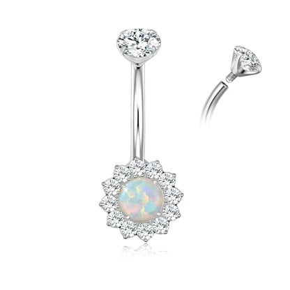 G23 Titanium Belly Button Ring 14G Golden Silvery Belly Ring for Women, Halo Internally Threaded Flower Opal Piercing Jewelry 8/10/12/14mm Barbell with Cubic Zirconia - color: 1PCS-Silver (10MM)-opal inlay CZ