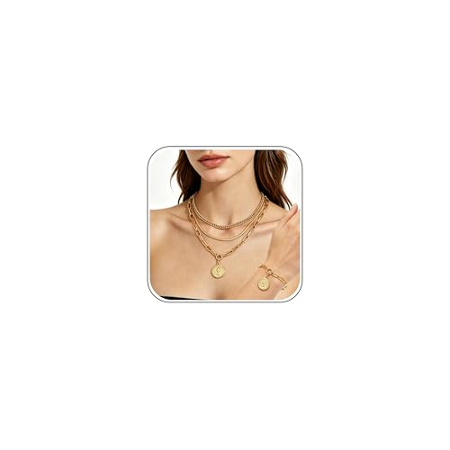 4 Pcs Gold Jewelry Set for Women with 3 Necklace, 1 Bracelet Elegant Sophisticated Style Versatile Piece Gold Plated Necklaces Bracelets