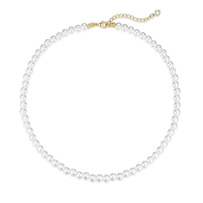 Zeffy Pearl Necklace 4MM/6MM/8MM Dainty Round Imitation Pearl Choker Necklace Wedding Pearl Necklace Delicate Jewelry for Women Simple Bridesmaid Jewelry Gifts - style: 6mm Gold Pearl Necklace(14"+2")
