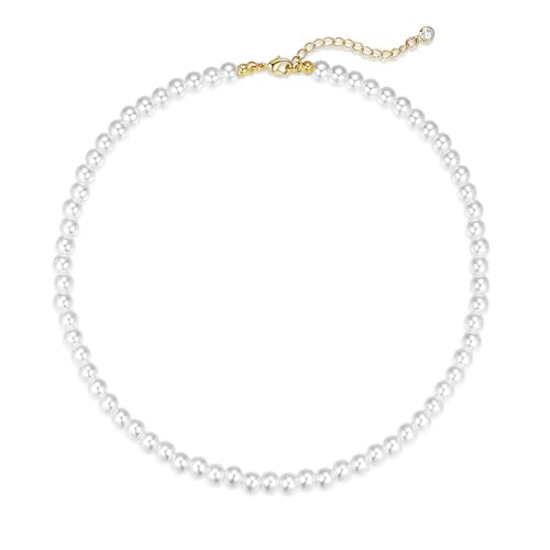 Zeffy Pearl Necklace 4MM/6MM/8MM Dainty Round Imitation Pearl Choker Necklace Wedding Pearl Necklace Delicate Jewelry for Women Simple Bridesmaid Jewelry Gifts - style: 6mm Gold Pearl Necklace(14"+2")