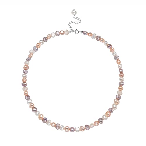 Natural Pearls Necklace, Freshwater Baroque Pearls Necklace for Women's Pearl Strand Choker Necklace 18K Gold Plated & S925 Sterling Silver Clasp White Necklace Chain - color: Colorful, 5-6mm, Silver Clasp