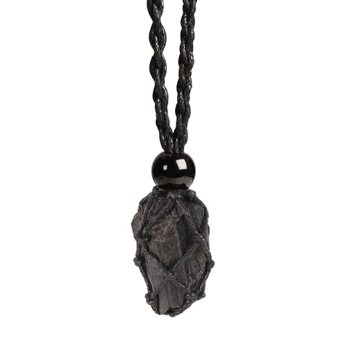 Handwoven Natural Gemstone Crystal Cage Pendant Necklace, Crystal Necklaces for Women Stone Holder Necklace Cord - color: Black Tourmaline
