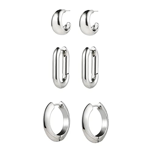 ALLHOLA 14K Gold Plated Hoop Earrings for Women, Hypoallergenic Chunky Gold Plating Hoop Earrings Multipack, Lightweight Twisted Huggie Hoops Earring Set Jewelry for Gifts - color: C-3 silver hoops