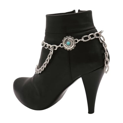 TrendyFashionJewelry Women’s Turquoise Concho Boot Chains – 2 Pcs Pair, Silver Double-Layer Boot Anklet Bracelets, Adjustable 11–15 in, Western Cowgirl Flower Charm, Handmade in USA BC25