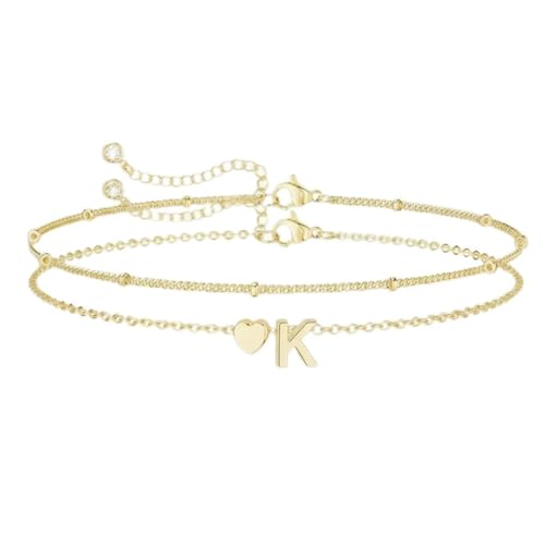 Gold Initial Bracelets for Women Trendy, Dainty Layered 14K Gold Plated Heart Letter Charm Bracelets, letter beads for name bracelets Jewelry Gifts - color: Gold-K