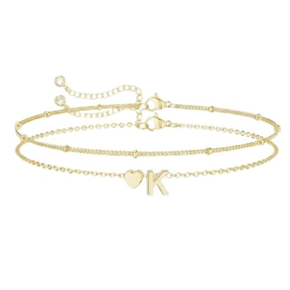 Gold Initial Bracelets for Women Trendy, Dainty Layered 14K Gold Plated Heart Letter Charm Bracelets, letter beads for name bracelets Jewelry Gifts - color: Gold-K