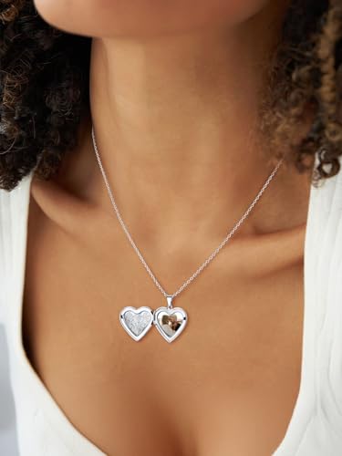 U7 Women Locket Necklace, Heart Photo Lockets Hold Picture, Gift Box Packed | Gold/Silver/Rose Locket Charm, Custom Picture and Engravement Heart Pendant, 20" Chain, Personalized Gift for Mom Wife Friend - color: 02# Platinum*Flower Grain