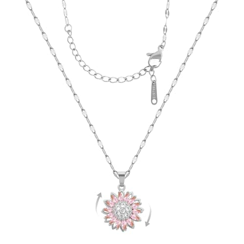 Sunflower Fidget Necklace for Women Gold Moon Necklace Rotating Heart Necklaces Spinning Crystal Flower Anxiety Necklaces Crescent Moons Jewelry Accessories - color: SilverPink