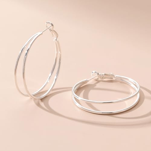 OOOPEL Large Thin Double Hoop Earrings for Women Lightweight Hypoallergenic 925 Sterling Silver Post 14K Gold Hoops Non Tarnish Sturdy Big Thin Double Layered Hoop Earrings 30/40/50/60mm - color: Silver, size: 40mm