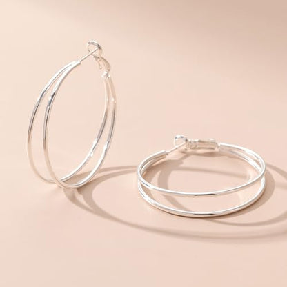 OOOPEL Large Thin Double Hoop Earrings for Women Lightweight Hypoallergenic 925 Sterling Silver Post 14K Gold Hoops Non Tarnish Sturdy Big Thin Double Layered Hoop Earrings 30/40/50/60mm - color: Silver, size: 60mm