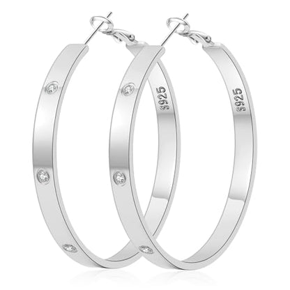 5MM Wide 925 Sterling Silver Post Hoop Earrings Hypoallergenic Lightweight | Sparkly 14K Gold Plated Large Rhinestone Hoop Earrings Big Cubic Zirconia Earring Hoops for Sensitive Ears 30/40/50/60/70MM - color: 50mm Silver