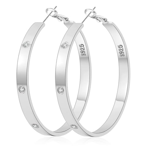 5MM Wide 925 Sterling Silver Post Hoop Earrings Hypoallergenic Lightweight | Sparkly 14K Gold Plated Large Rhinestone Hoop Earrings Big Cubic Zirconia Earring Hoops for Sensitive Ears 30/40/50/60/70MM - color: 60mm Silver