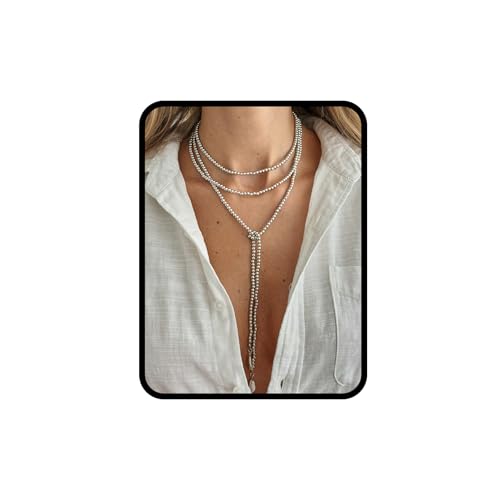 Green Beaded Lariat Necklace with Baroque Pearl Drops – Adjustable Wrap Y Style Jewelry, Beach and Bohemian Outfit Accessory for Women - color: Vintage Silver 2