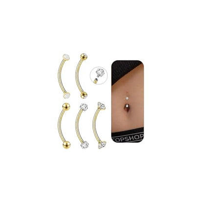 14G Small Belly Button Rings for Women 316L Stainless Steel | Tiny Internally Threaded Navel Rings, Rook Piercing Jewelry, Eyebrow Rings, Hypoallergenic Curved Barbells, 6-16MM, 5PCS - color: 14G/14MM Bar/Gold
