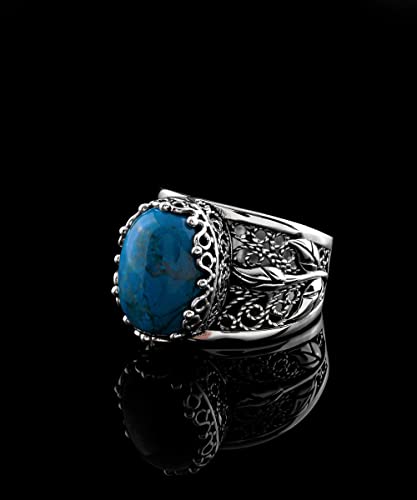Filigranist 925 Sterling Silver Filigree Art Lace Embroidery Tulip Detailed Gemstone Women Cocktail Ring, Luxurious Gift Boxed - color: Turquoise
