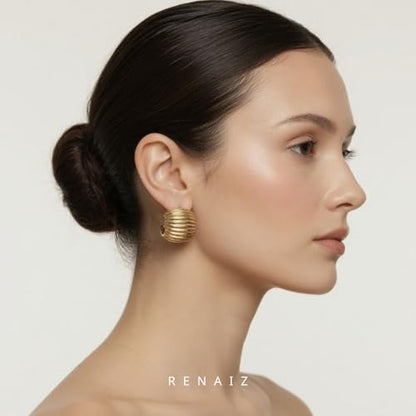 RENAIZ Bold Statement Hoop & Stud Earrings for Women – 14K Gold & Rhodium Plated Maximalist Jewelry, Chunky Geometric Boho Earrings, Hypoallergenic Non-Tarnish Trendy Gift - color: Yellow Gold, style: Chunky