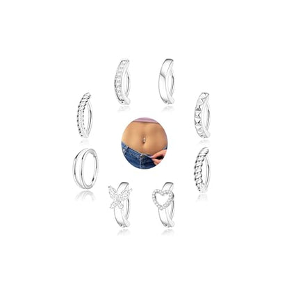 Kenivira 8 Pcs Belly Button Ring Hypoallergenic Surgical Steel CZ Belly Button Rings For Women Clicker Navel Piercing Jewelry - color: Silver