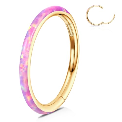 WBRWP 316L Stainless Steel Nose Hoop Rings Clicker with Zircon/Opal 14g-20g | Hypoallergenic Nose Rings Segment Clicker Lip Rings Cartilage Rook Conch Earrings Diameter 5mm-10mm - color: Gold ring with pink opal -1pc pack