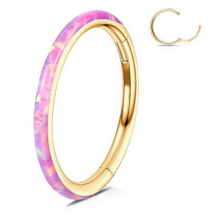WBRWP 316L Stainless Steel Nose Hoop Rings Clicker with Zircon/Opal 14g-20g | Hypoallergenic Nose Rings Segment Clicker Lip Rings Cartilage Rook Conch Earrings Diameter 5mm-10mm - color: Gold ring with pink opal -1pc pack