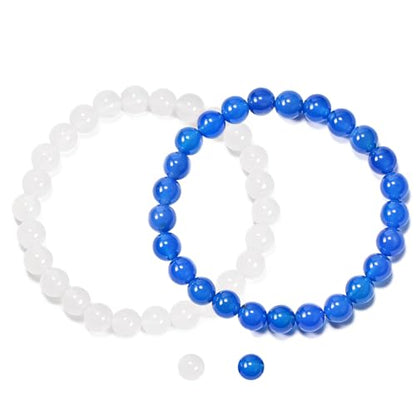 2PCS Agate Bracelet for Women Men Natural Round Beaded Agates Stone Healing Stretch Bracelets Elastic Handmade Polished Gemstone Beads Bracelet - color: White+Blue, size: 8mm Beads