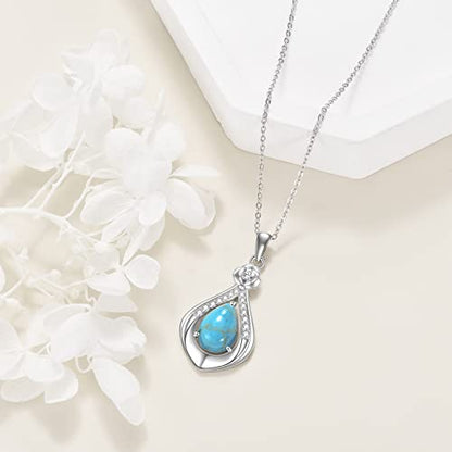 VONALA Sterling Silver Necklace Moss Agate/Turquoise/Larimar/Aquamarine/Opal/Black Onyx/Rose Quartz/Moonstone Pendant Teardrop Necklace Jewelry Gift for Women - style: Turquoise