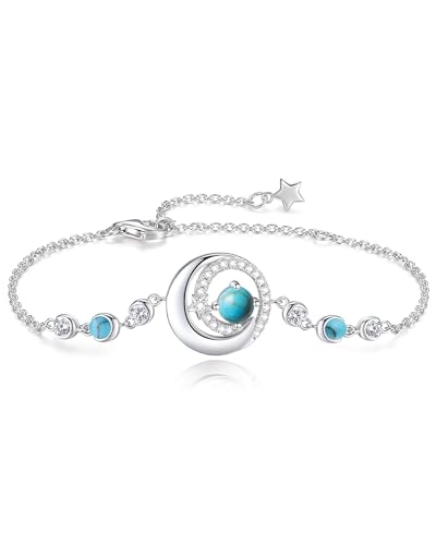 FANCIME Birthstone Bracelets 925 Sterling Silver Moon and Star Bangle Charm Bracelet Fine Jewelry Anniversary Birthday Mothers Day Gifts for Mom Her Women, Adjustable Chain 6.7"+1.2" Extend - color: link-12-turquoise