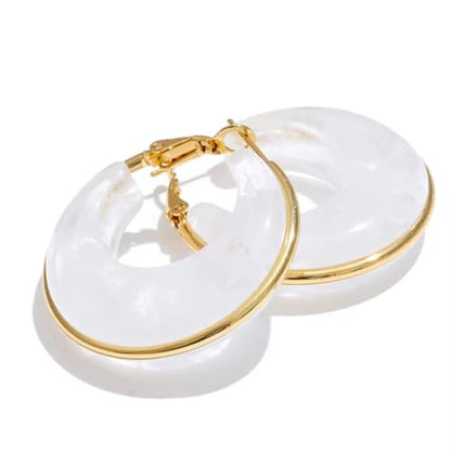 Gold Plated Stainless Steel Acrylic Hoop Earrings for women,Chunky Marbled Resin C-Hoops - CLOUD WHITE